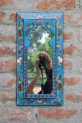 KB ART Jodhpuri Blue Handpainted Wooden Wall Mirror – 9.5x19 Inch  | Pichwai Cow & Lady Design | Arch Jharokha Boho Mirror for Home Décor